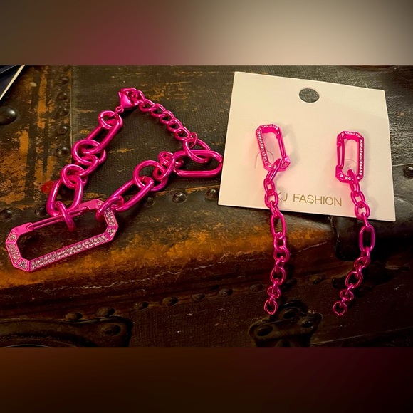 KJ Fashion Hot Pink Chain and Clip Earr and Bracelet with Clear Stones - Picture 1 of 7